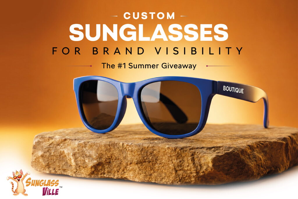 Custom sunglasses displayed on a stone platform, featuring the message 'The #1 Summer Giveaway' and custom logo branding.