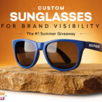 Why Custom Sunglasses Are The #1 Summer Giveaway For Brand Visibility Custom sunglasses displayed on a stone platform, featuring the message 'The #1 Summer Giveaway' and custom logo branding.