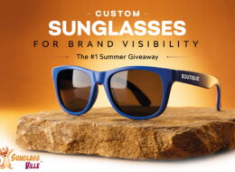 Custom sunglasses displayed on a stone platform, featuring the message 'The #1 Summer Giveaway' and custom logo branding.