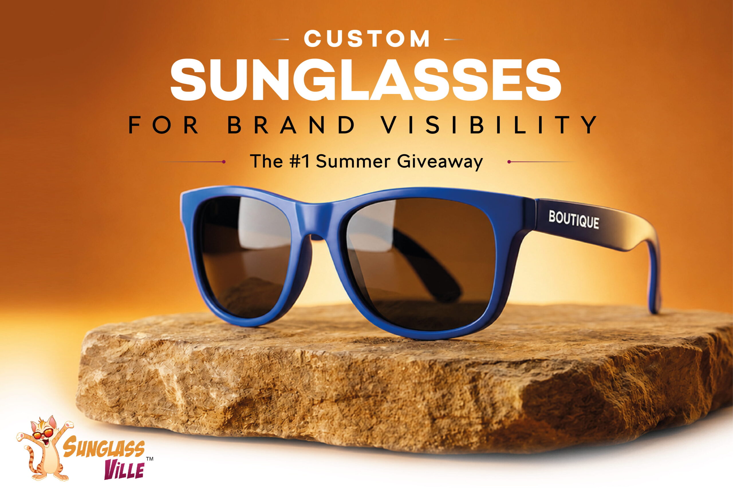 Custom sunglasses displayed on a stone platform, featuring the message 'The #1 Summer Giveaway' and custom logo branding.