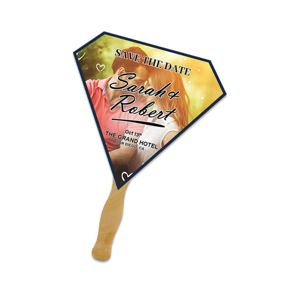 5x5 Inch Custom Printed Gem Shape Full Color One Sided Mini Hand Fans - 16 pt 5x5 Inch Custom Printed Gem Shape Full Color One Sided Mini Hand Fans - 16 pt