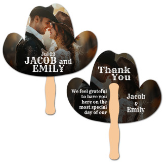Custom 8x8 Inch Cowboy Hat Shape Full Color Double Sided Hand Fans - 16 pt